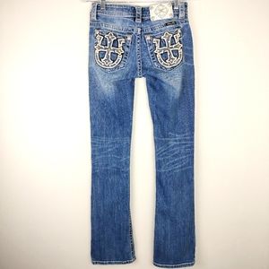 MISS ME Signature Boot cut Embellished Cross and Horseshoe Pocket Design Sz. 25